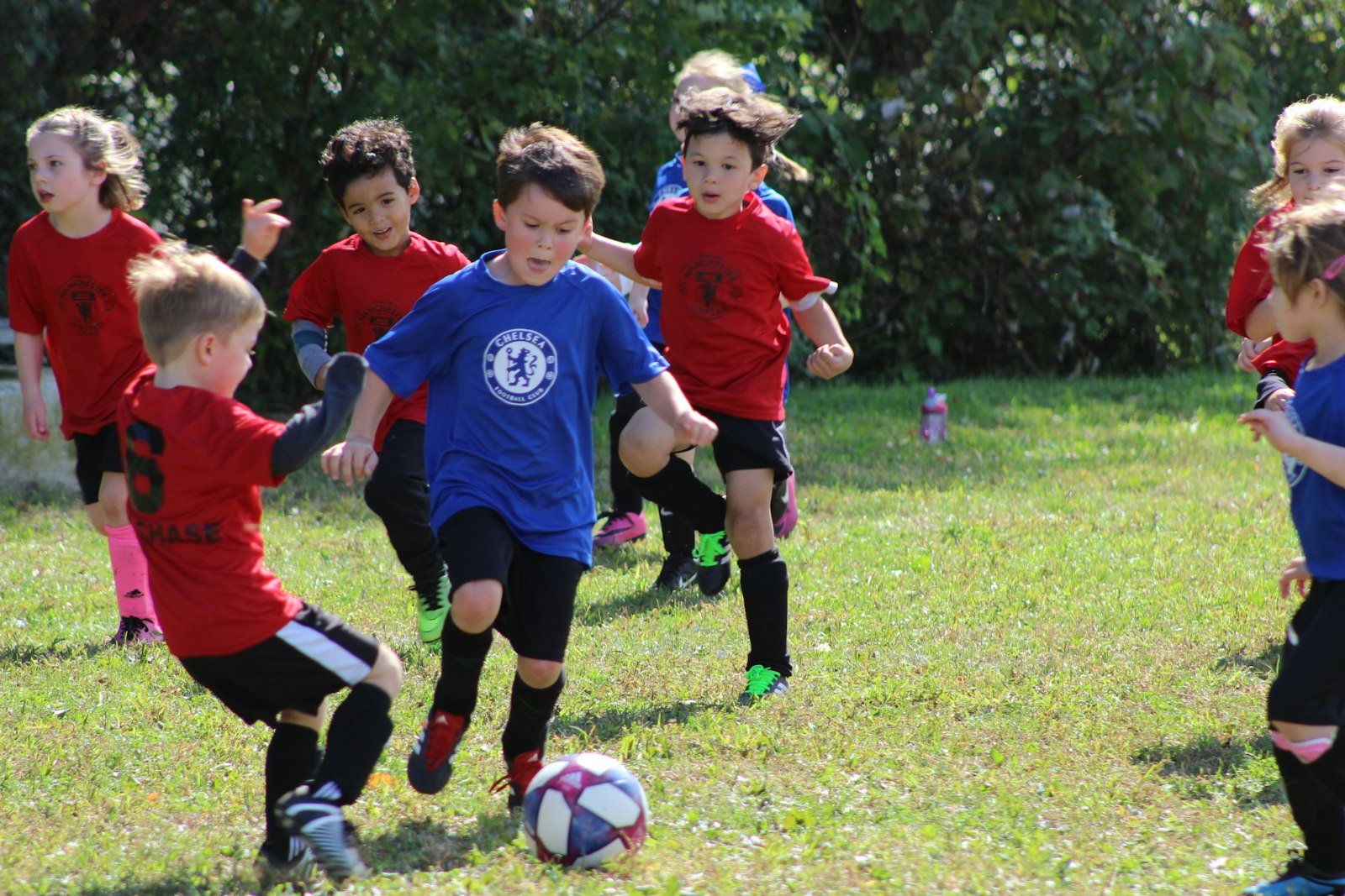 Young children playing football together on a grass pitch